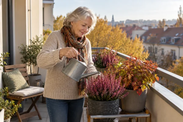 Podzimní balkon s vřesy a ženou s konví — AI ilustrace.