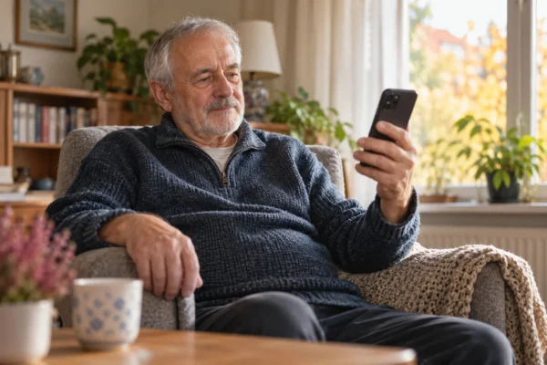 Starší muž se v klidu dívá na telefon doma v křesle — AI ilustrace.