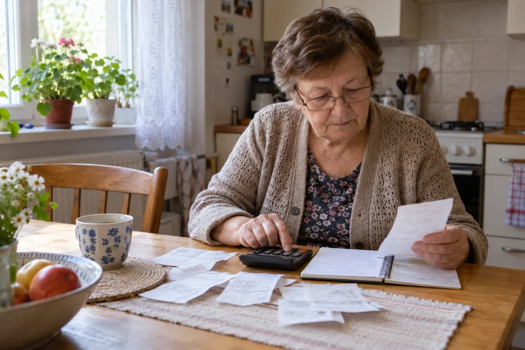 Žena porovnává účtenky se zápisníkem a kalkulačkou u kuchyňského stolu.