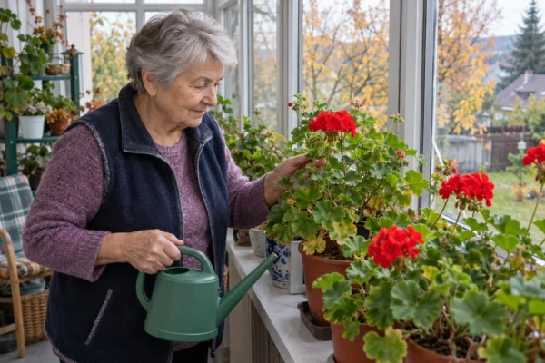 Žena prohlíží muškáty v květináčích na světlé verandě.