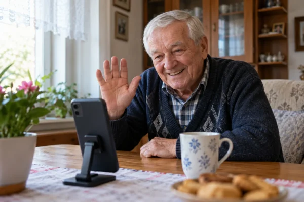 Muž mává při videohovoru na telefon postavený na stole.